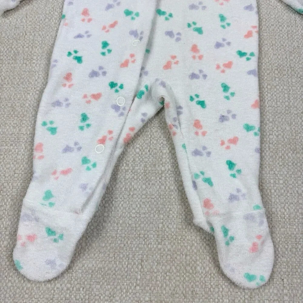 Vintage 80s Carters Terry Cloth Footed Pajamas Baby Girls 0-3 m Lace Trim Hearts